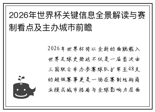 2026年世界杯关键信息全景解读与赛制看点及主办城市前瞻