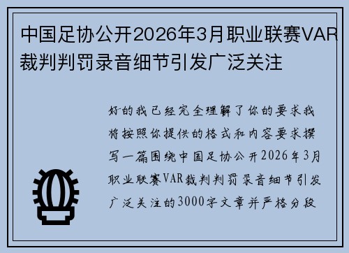 中国足协公开2026年3月职业联赛VAR裁判判罚录音细节引发广泛关注
